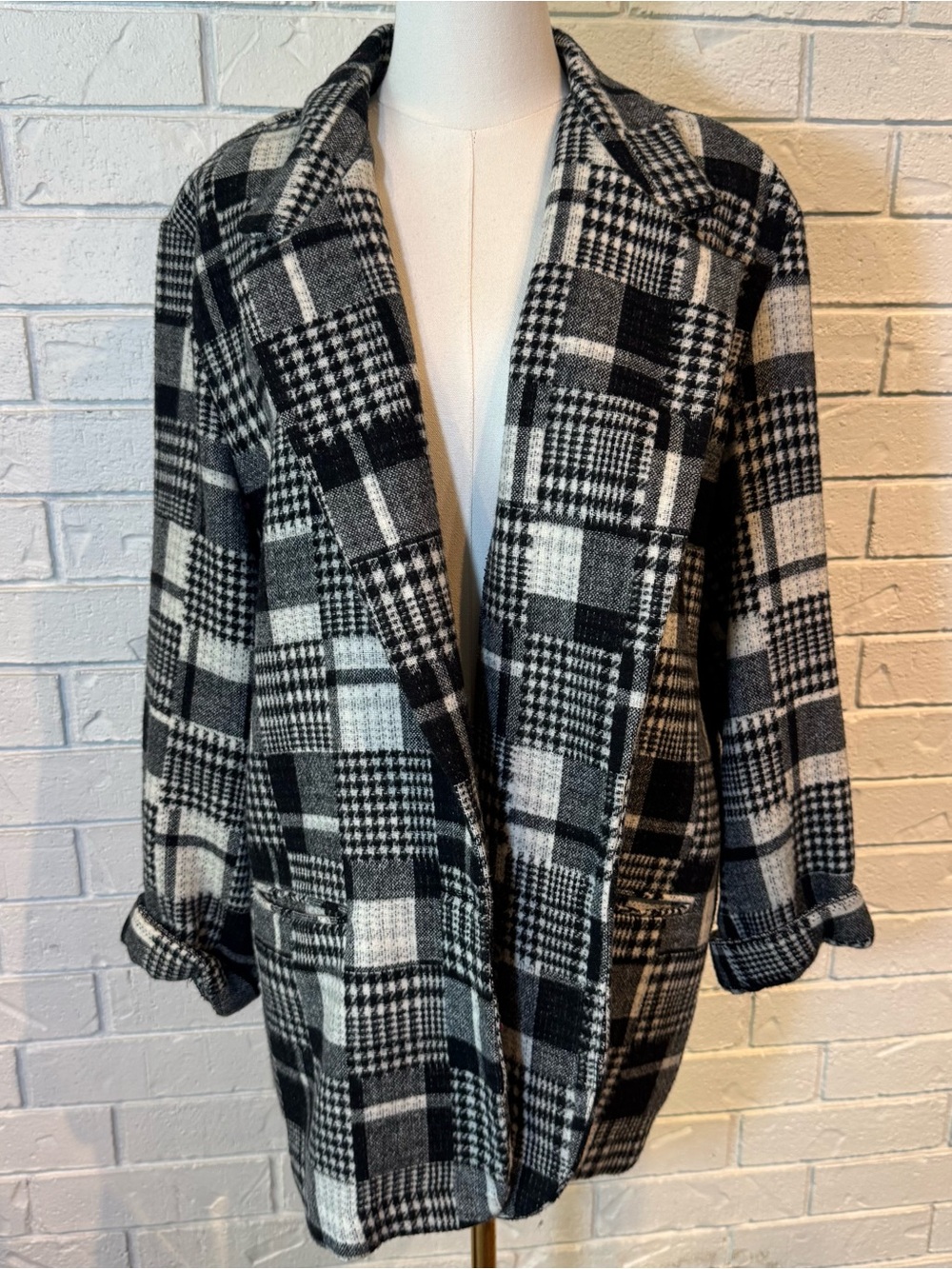 Vintage 90s Christy Girl Black & White Plaid Wool Blend Blazer Coat Womens L